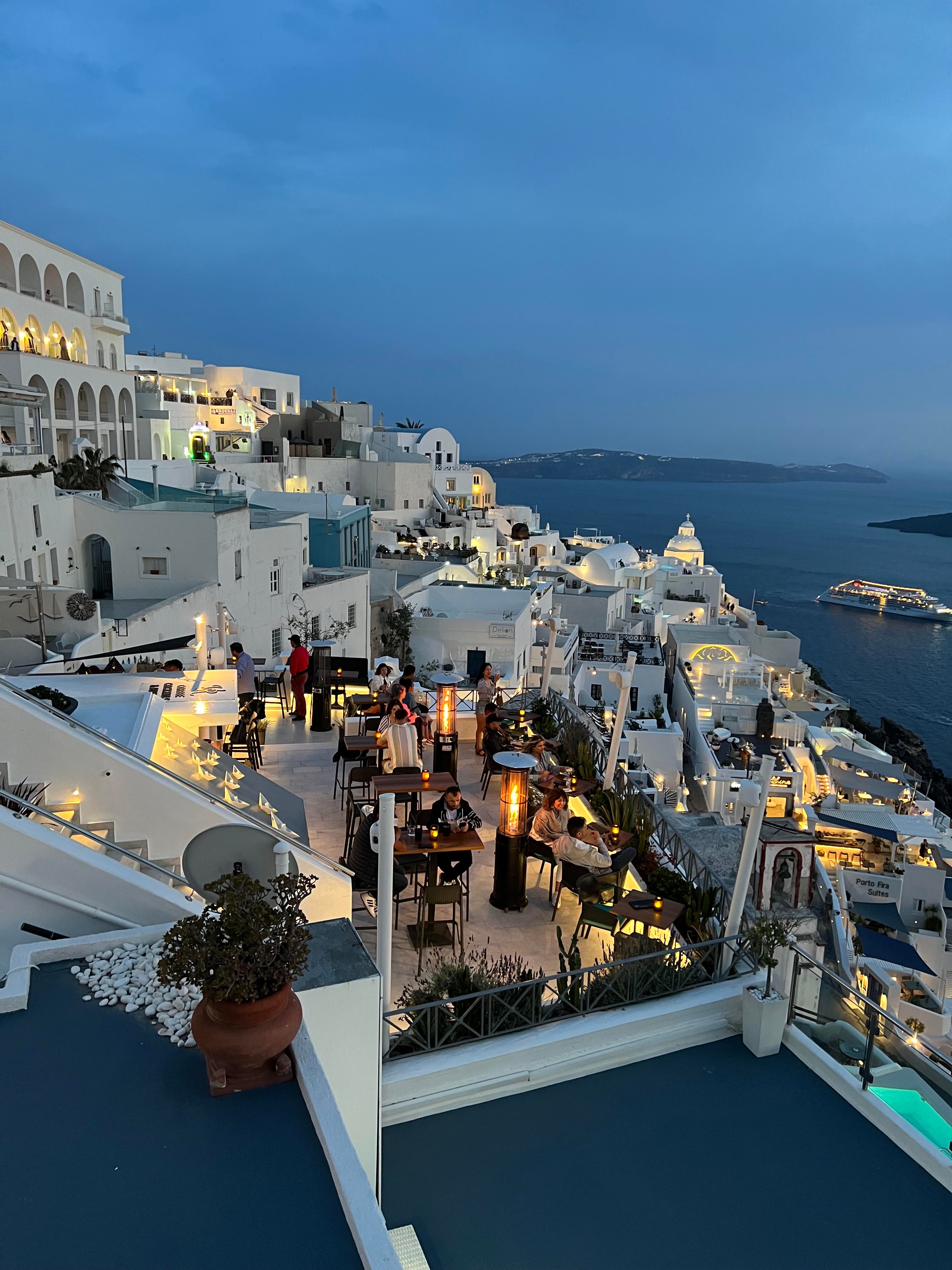 A scenic evening view overlooking Santorini